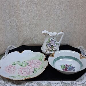 3 pc 14K Gold trim Porcelain Pitcher,bowl,& Plate,Vtg.